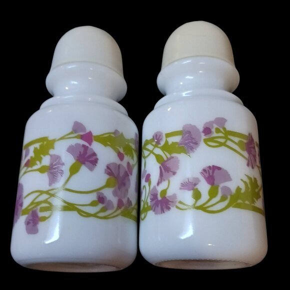 2pc Vintage Avon Milk Glass Shakers | Lilac Floral Kitsch Vanity Decor - Picture 6 of 12